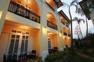 Balconies under the eaves at dusk