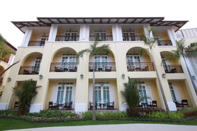 Arched balconies along the upper floor
