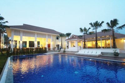 The courtyard pool at dusk