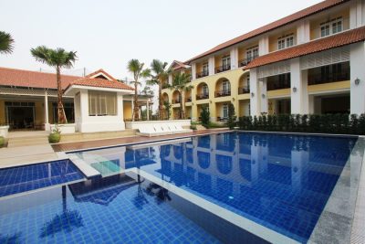 The pavilion at the end of the pool